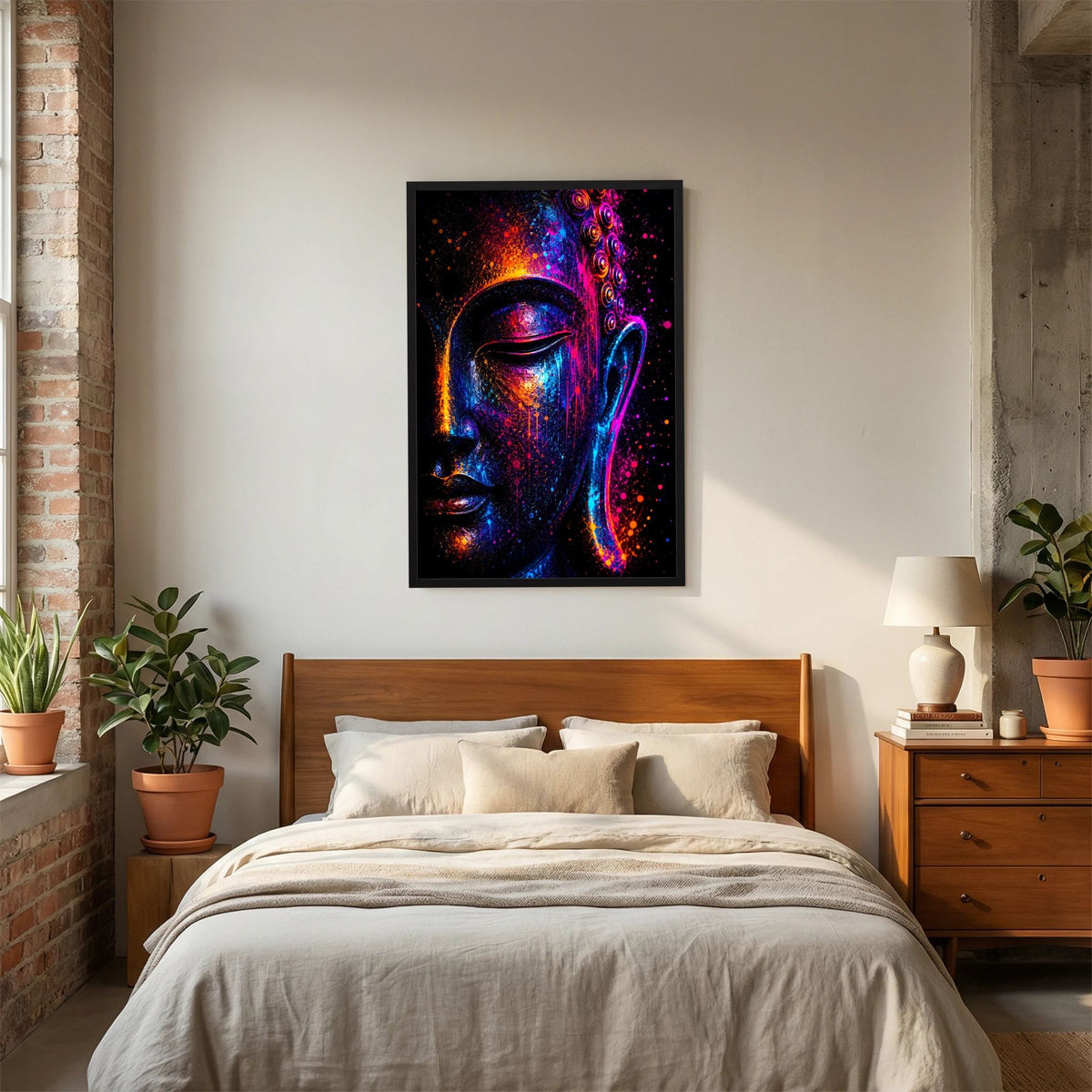 Kunstposter mit abstraktem Buddha-Gesicht im Neonlicht, pink-blau-orange, schwarzer Rahmen