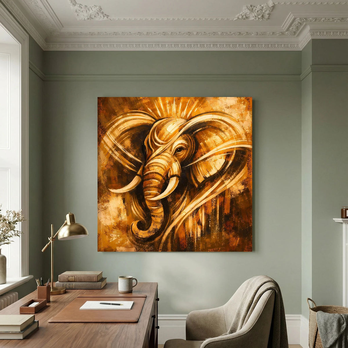 Abstraktes Leinwand-Wandbild mit Elefantenkopf im Ganesha-Stil, goldene Strahlen und Wirbel