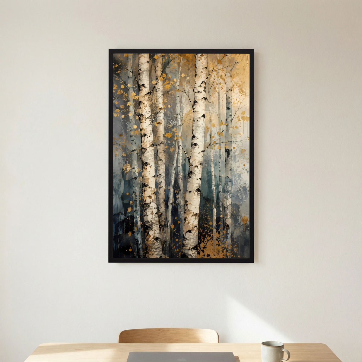 Hochformatiger Posterprint mit abstrakten Birkenstämmen in Beige, Grau und Blau, schwarzer Rahmen