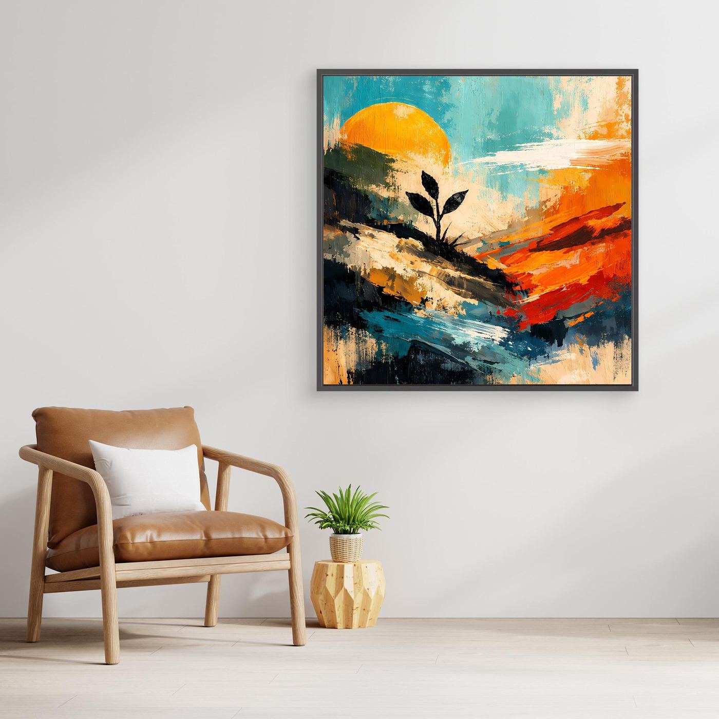 Leinwand-Wandbild mit Pflanzen-Silhouette und Sonnenkreis; schwarze Randfassung