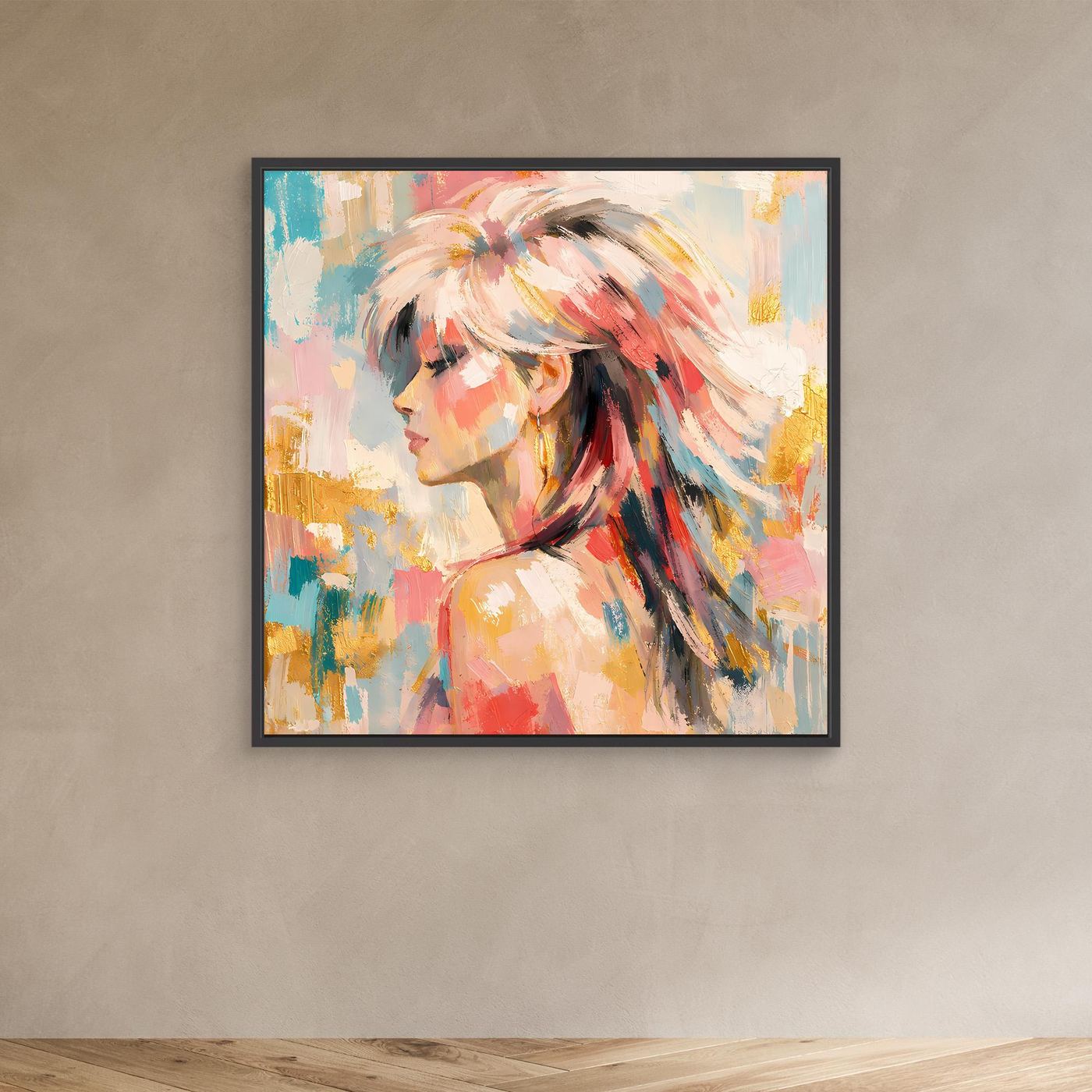Leinwandbild mit abstraktem Frauenporträt in Pastell, Seitenansicht, schwarzer Rahmen