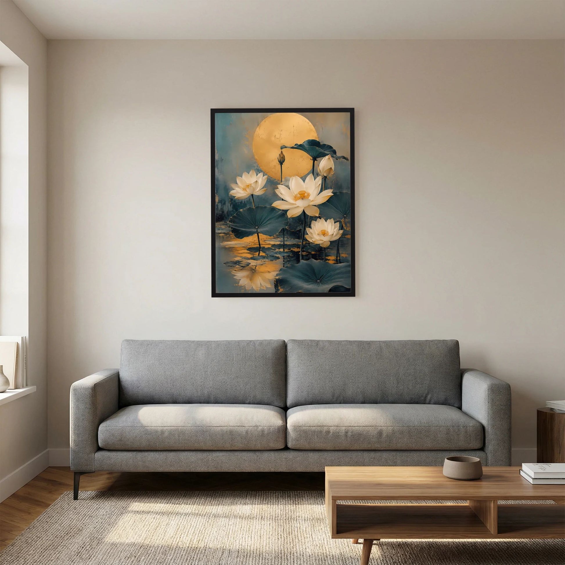 Gerahmtes Hochformat-Poster mit goldener Mond-Lotusblüte und blauen Wasserflächen