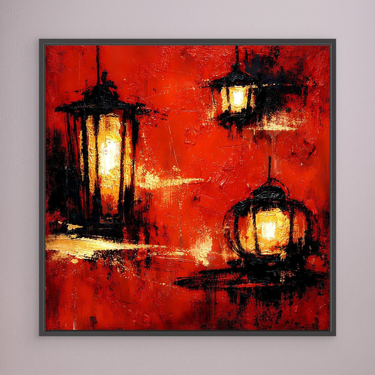 Wandbild mit roten Laternen und warm leuchtenden Lichtakzenten, abstrakt, dunkel gerahmt