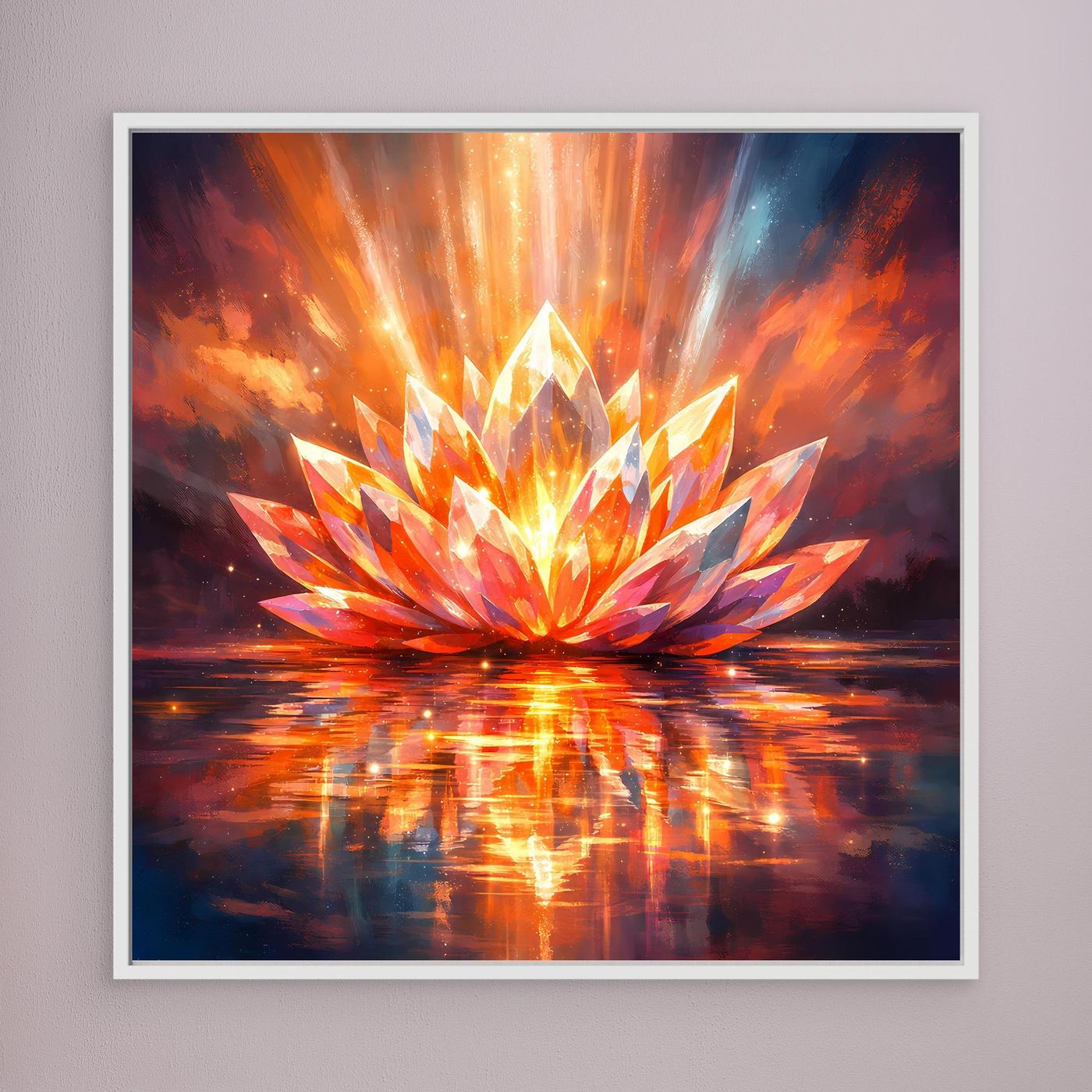 Leinwandbild mit leuchtender Lotusblüte, orange-gelben Strahlen, Spiegelung, weißer Rahmen