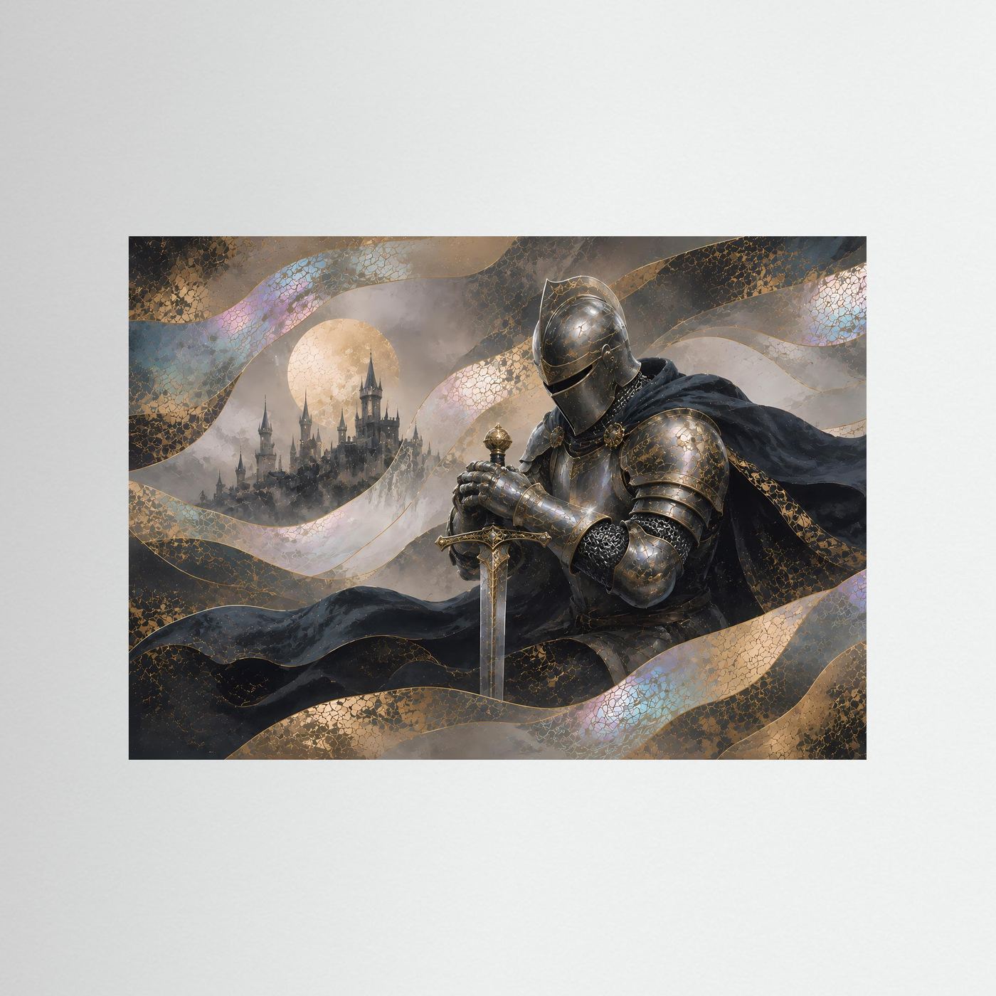 Mystischer Ritter vor Schloss | Mittelalterliche Fantasy-Kunst in Gold & Schwarz