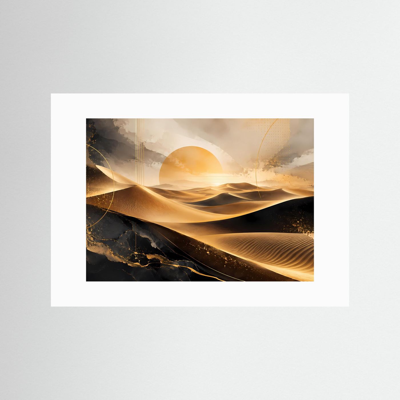 Poster im weißen Passepartout mit abstrakten Dünen und goldener Sonne.