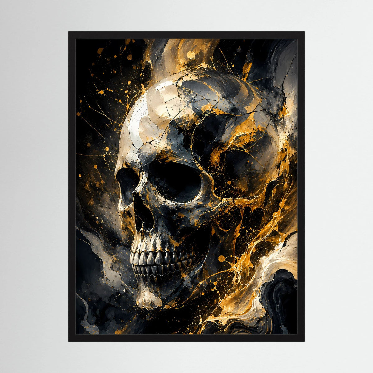 Schädel-Poster im Hochformat: dunkler Schädel mit goldenen Partikeln, schwarz gerahmt