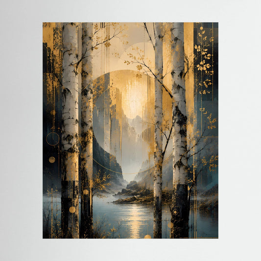 Hochformat-Poster mit abstrakter Landschaft am See, Birken zwischen Gold- und Petroltönen