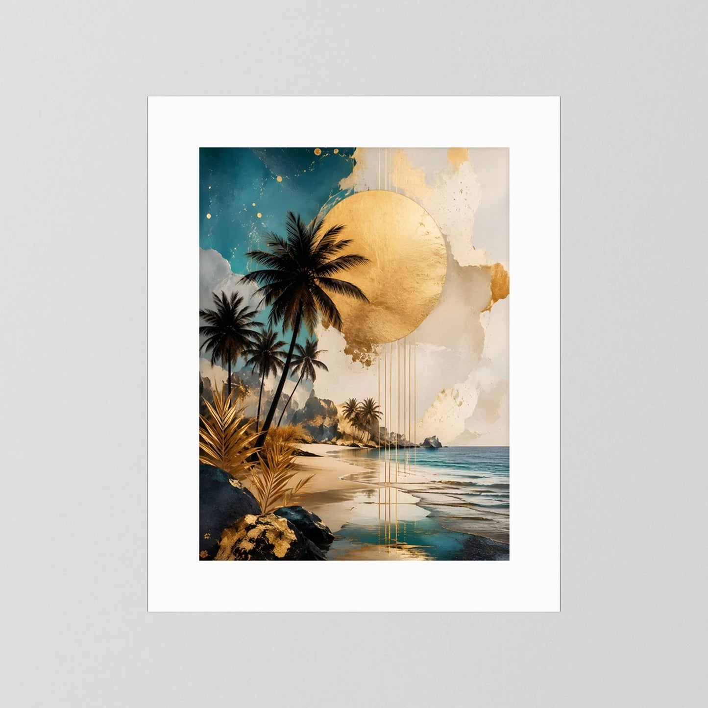 Poster in weißem Rahmen: Palmen, goldene Sonne, tropischer Strand und Gewässerlinie