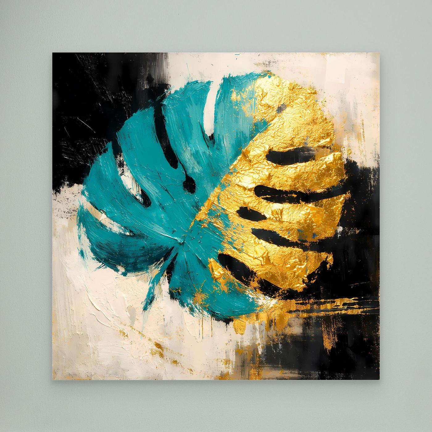 Leinwand Abstraktes Monstera Gemälde in Türkis und Gold | Modernes Botanik Wandbild