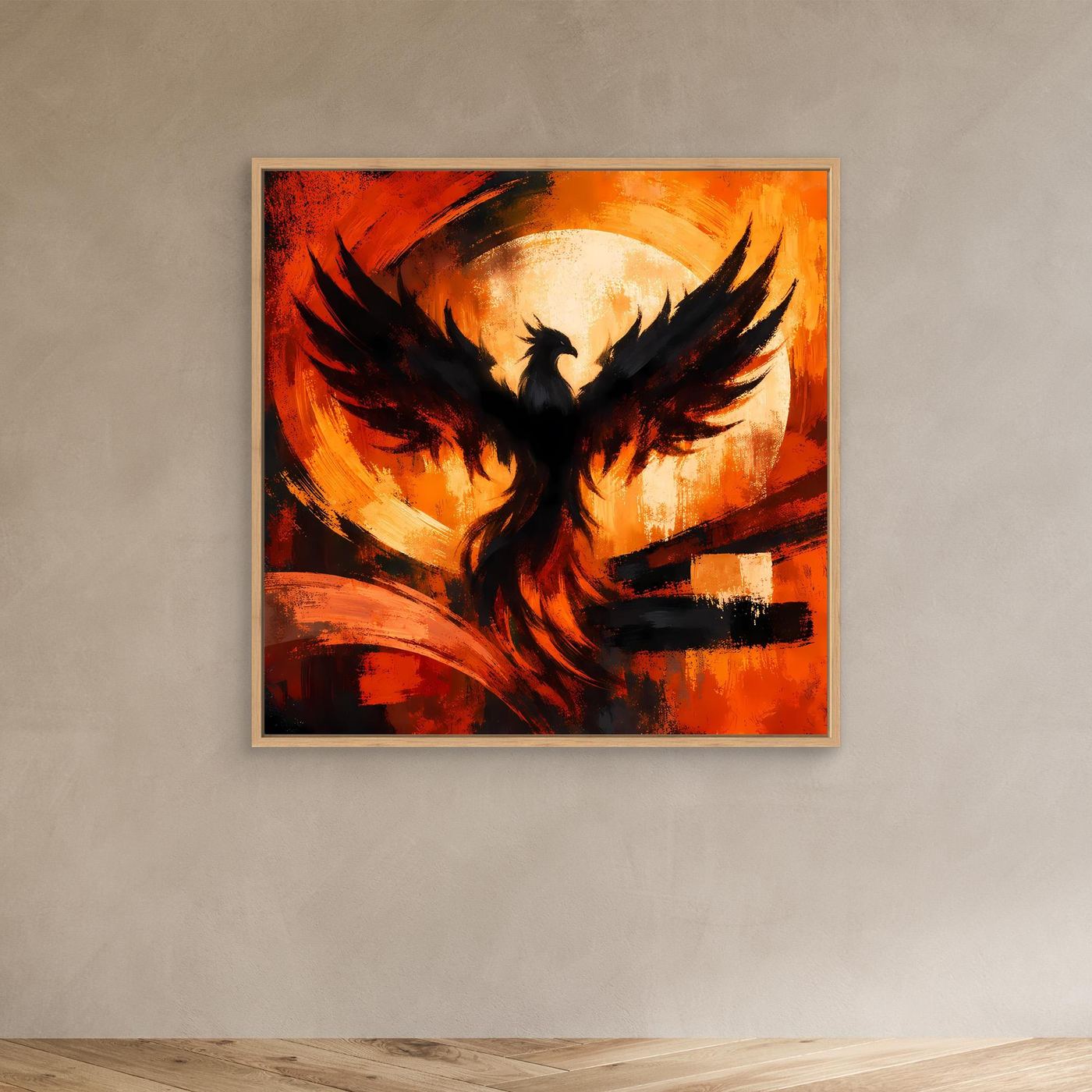 Leinwandbild mit Phönixmotiv im Holzrahmen: schwarzer Vogel vor Rot-Orange