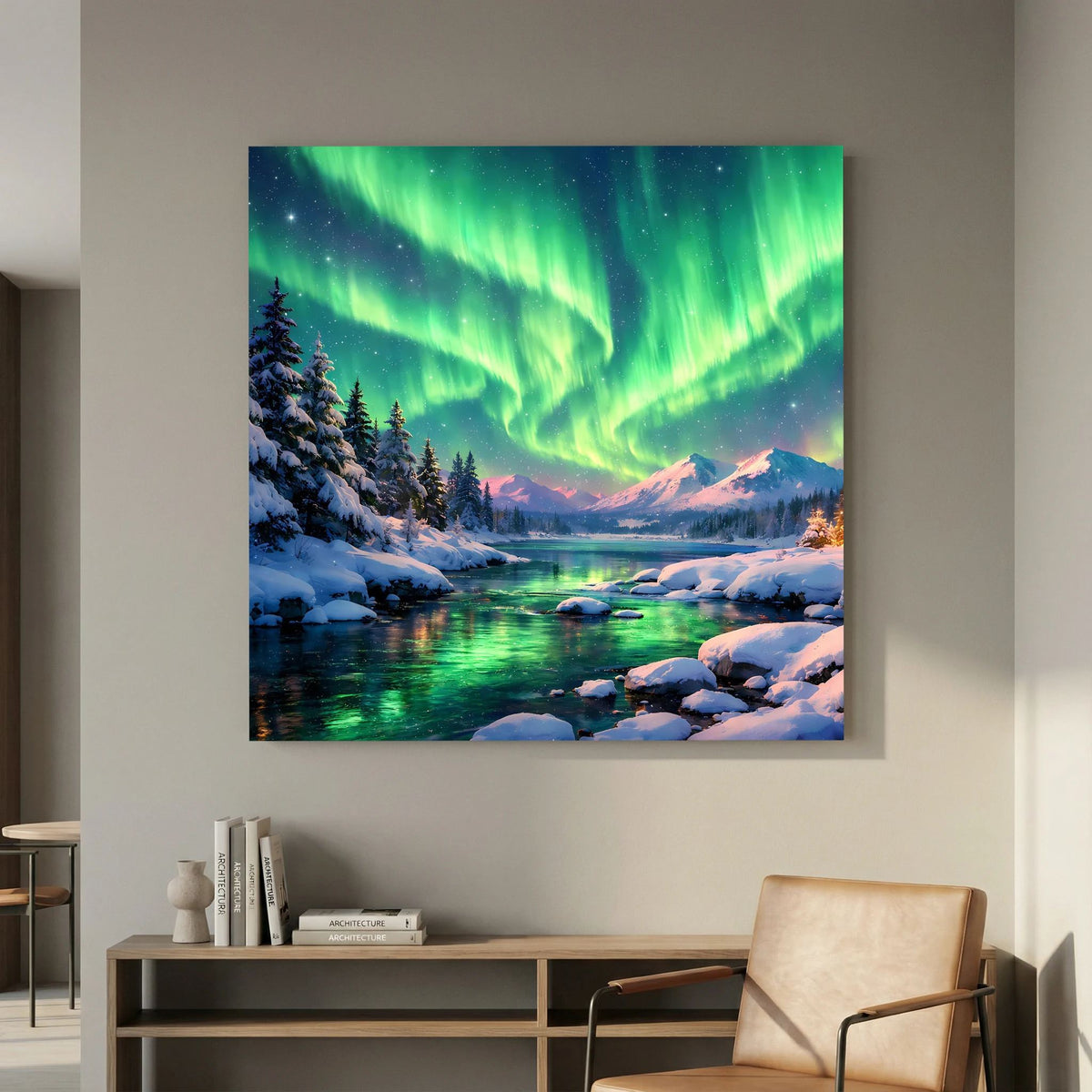 Leinwandbild auf Holzkeilrahmen mit Polarlichtbogen, Tannen und verschneiten Bergspitzen