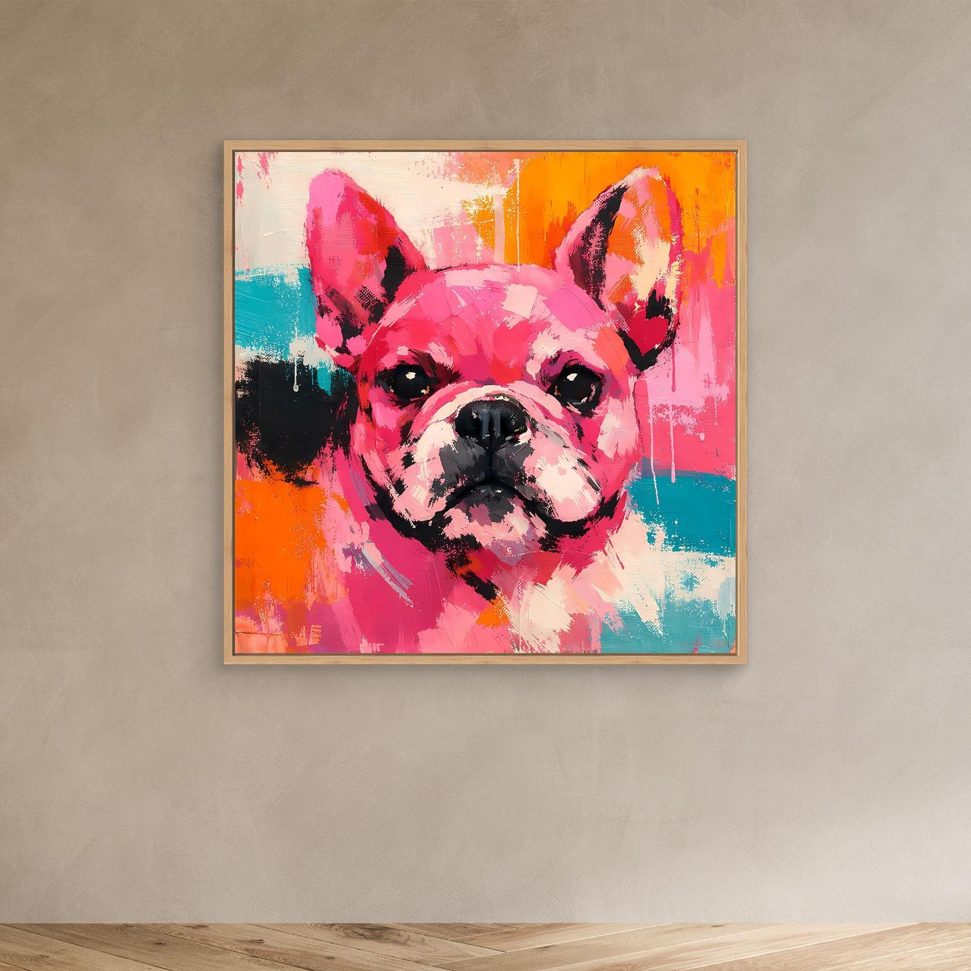 Abstract French bulldog painting with light orange frame, pink dog portrait with teal accents
