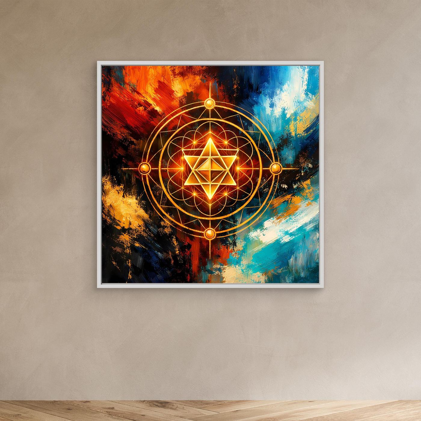 Kleines gerahmtes Leinwandbild mit goldener Merkaba-Geometrie und leuchtendem Stern, weißer Rahmen