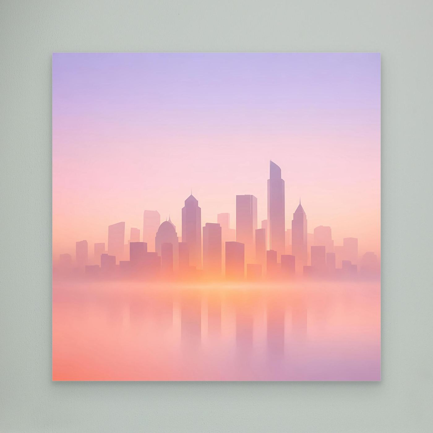 Leinwand-Wandbild mit minimalistischer Skyline im Pastellrosa, ohne Rahmen