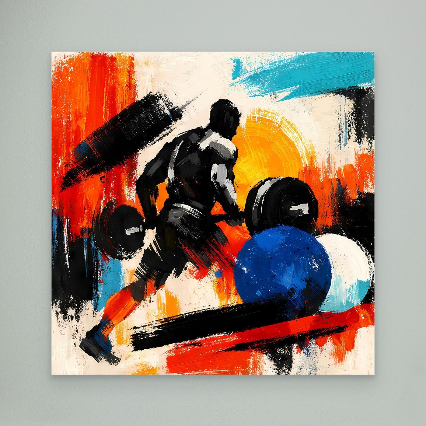 Abstract fitness canvas wall art with weightlifter lifting barbell, no frame