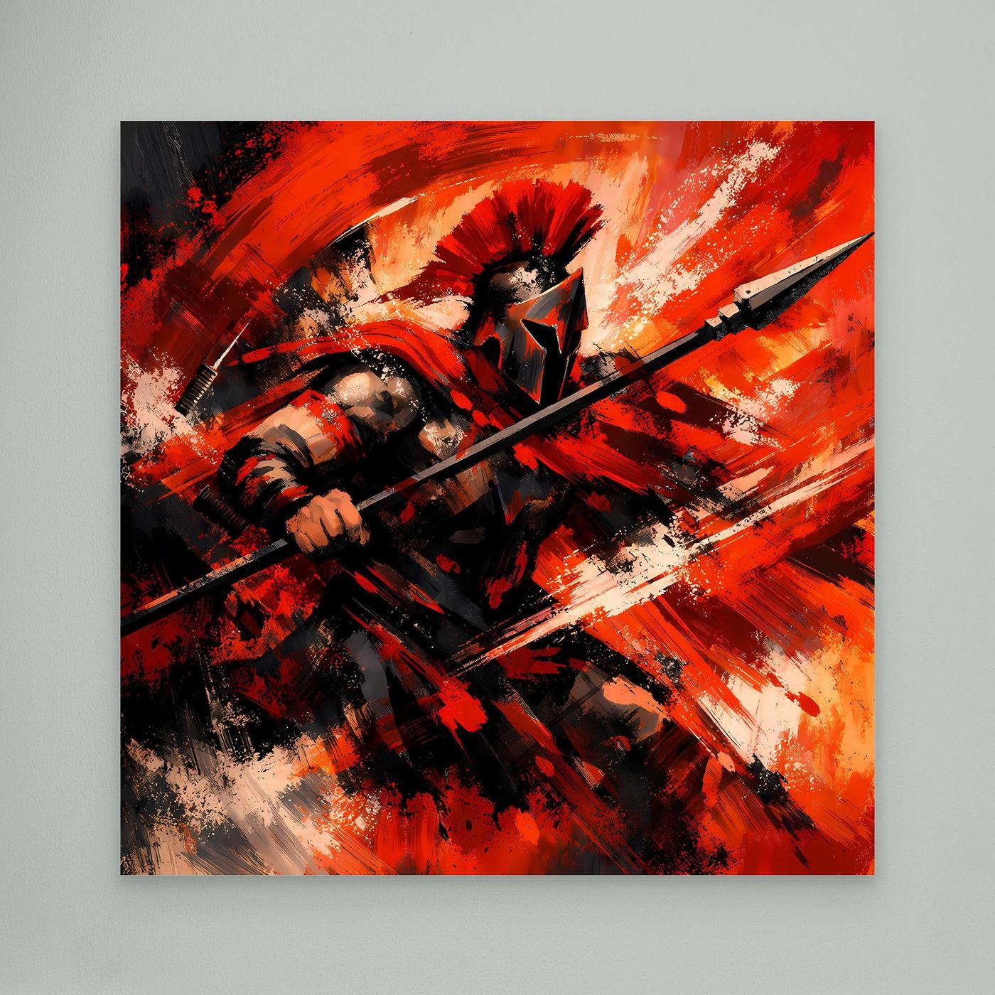 Wandbild mit abstraktem Krieger, rote und schwarze Pinselstriche, rahmenlos