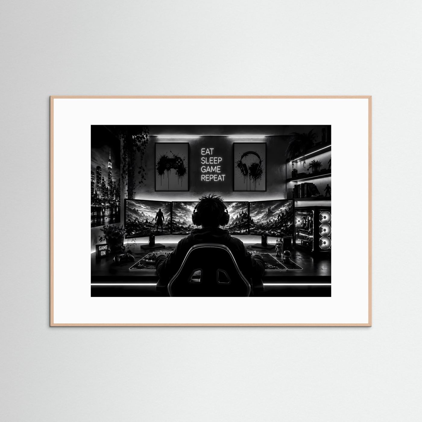 Gaming Poster Schwarz Weiß | Gamer Setup Wandbild | Gaming Room Deko | PC Gaming Kunst | Monochromer Fine Art Print
