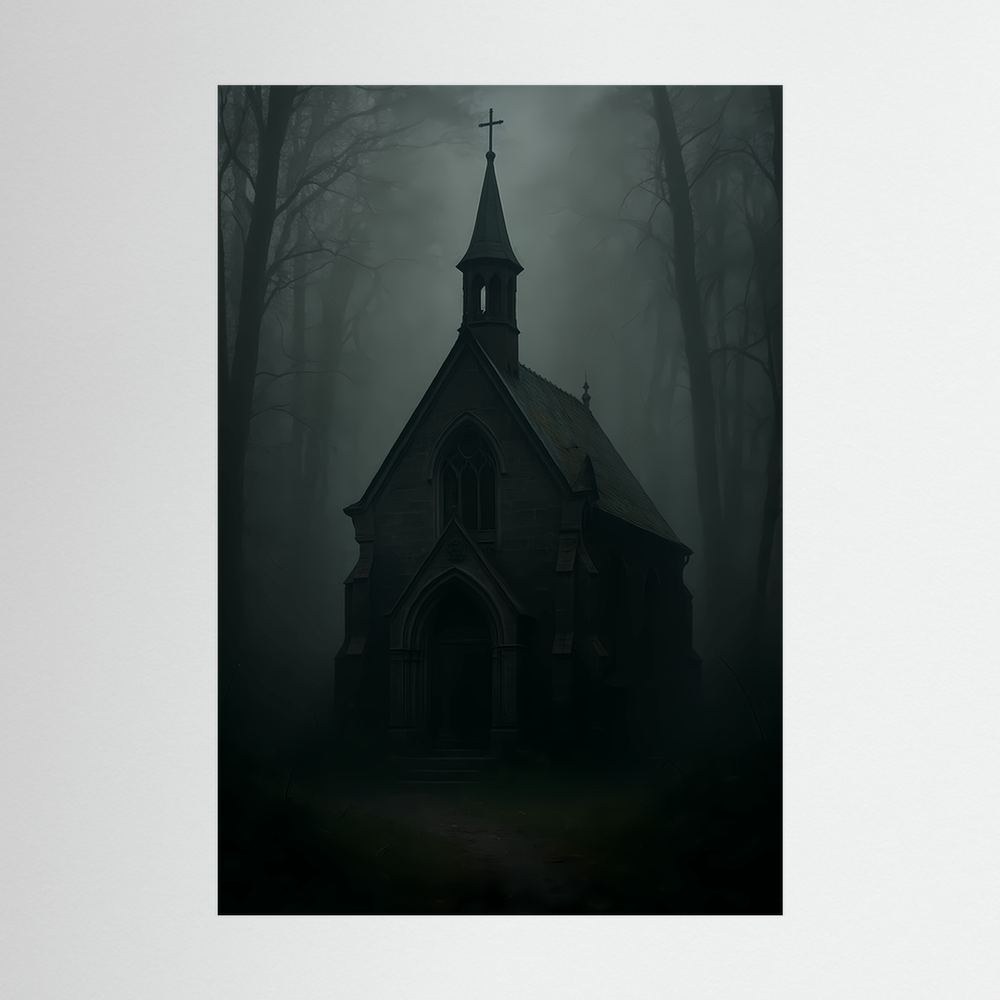 Poster mit dunkler gotischer Kapelle mit Glockenturm im Nebel, hochformatig
