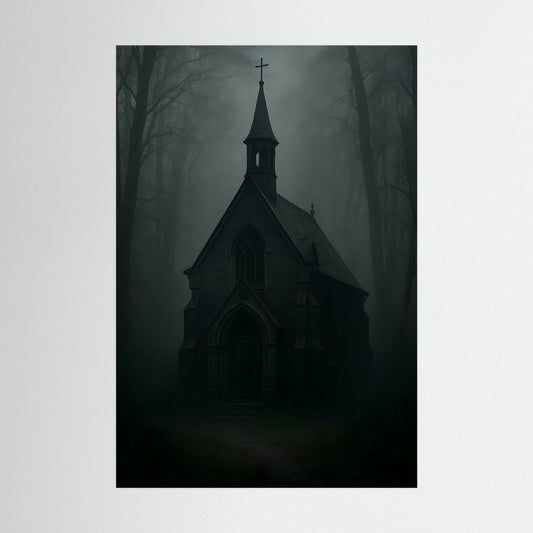Poster mit dunkler gotischer Kapelle mit Glockenturm im Nebel, hochformatig