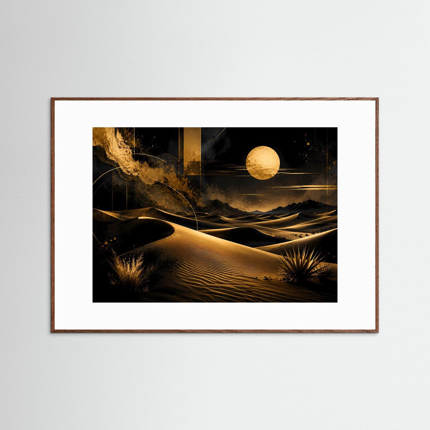 Poster mit Wüstenlandschaft-Print: goldene Dünen und Mond, im braunen Holzrahmen, quer