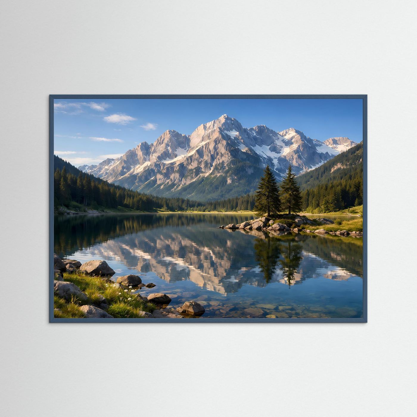 Naturposter im Querformat mit grauem Rahmen: Berge, See und Felseninsel mit Spiegelung