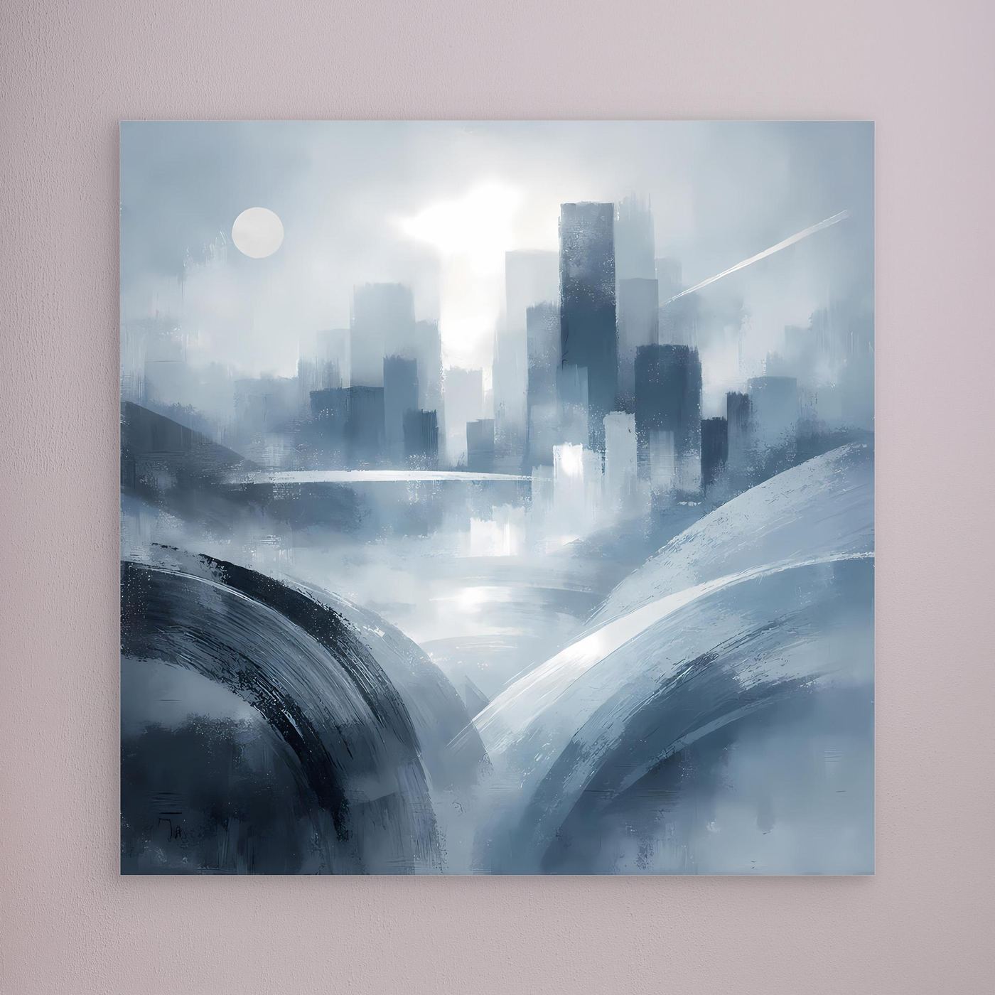 Leinwandbild: abstrakte Skyline in Blau-Grau, bogenförmige Pinselstriche