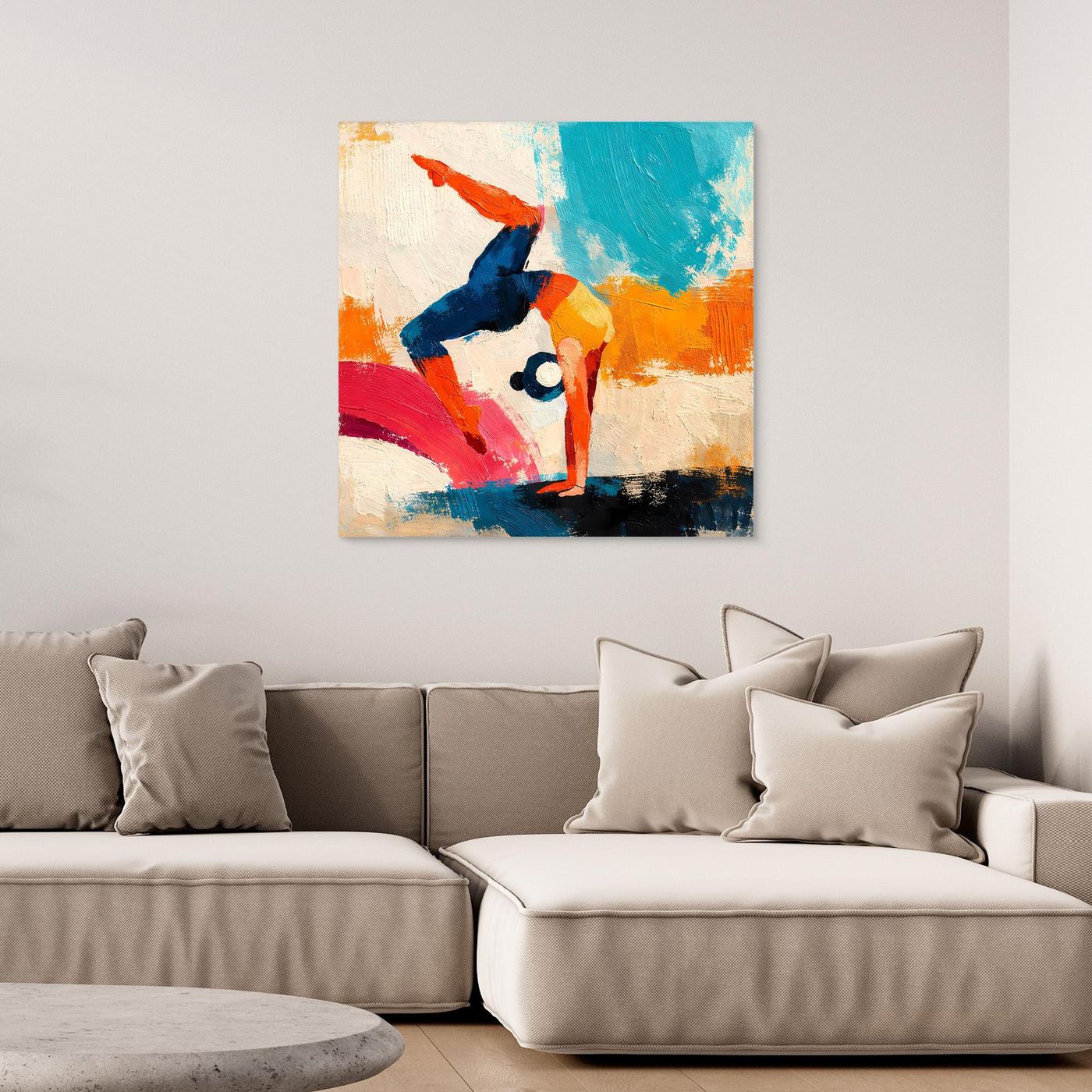 Handstand yoga figure wall art with abstract multicolor brushstrokes