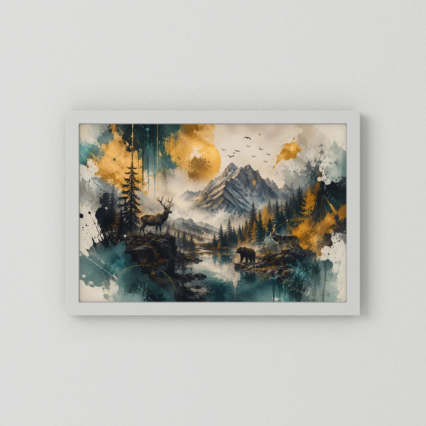Wildtiere in majestätischer Berglandschaft | Hirsch Wolf und Bär | Poster Querformat