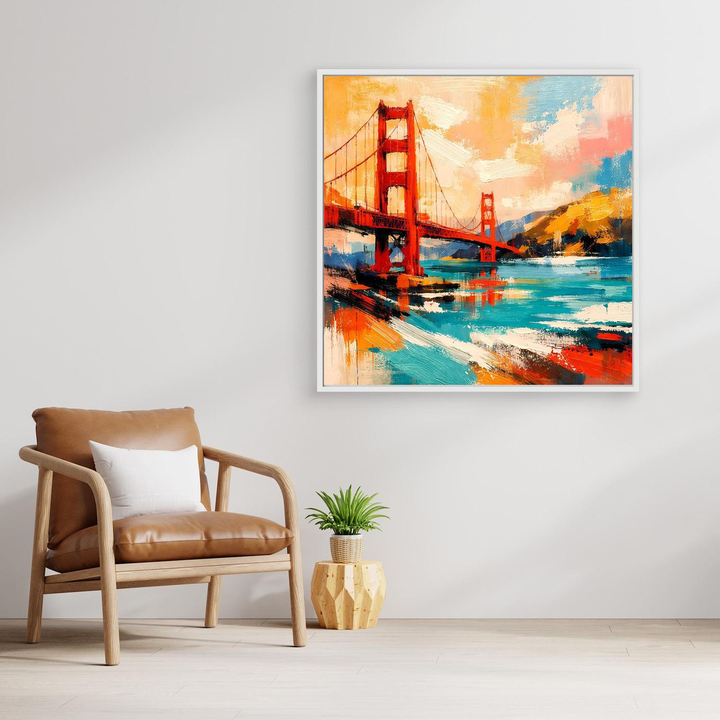 White-framed canvas wall art with abstract Golden Gate Bridge in blue, red, and orange hues