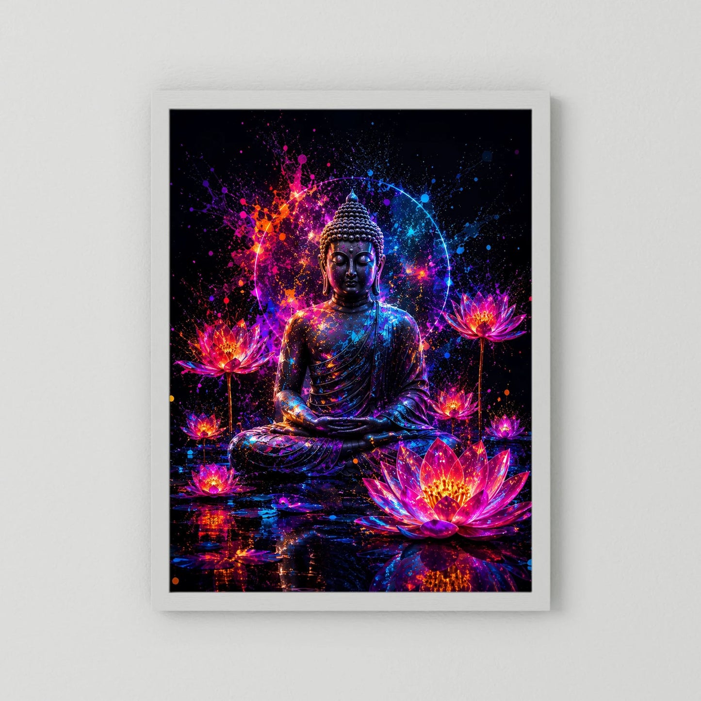 Neon-Buddha-Poster mit Lotusblüten, pink-blauer Neon-Leuchtgrafik, weißer Passepartout