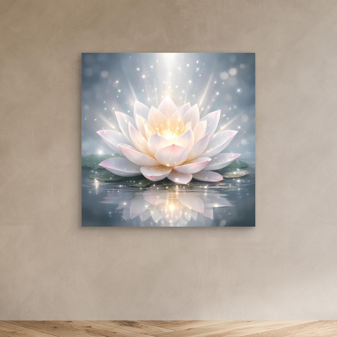 Kleines Leinwandbild mit leuchtender Lotusblüte, helle Blüten, spiegelnde Wasserfläche