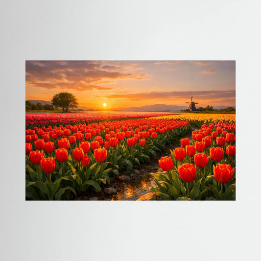 Poster Tulpenfeld mit Windmühle im Sonnenuntergang | Majestätisches Rotes Wandbild