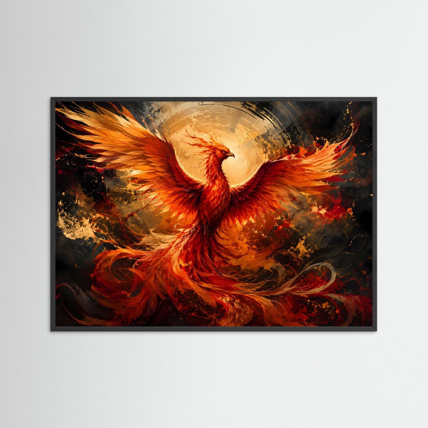 Abstrakte Wandkunst mit Phönix in Rot und Gold, im schwarzen Rahmen