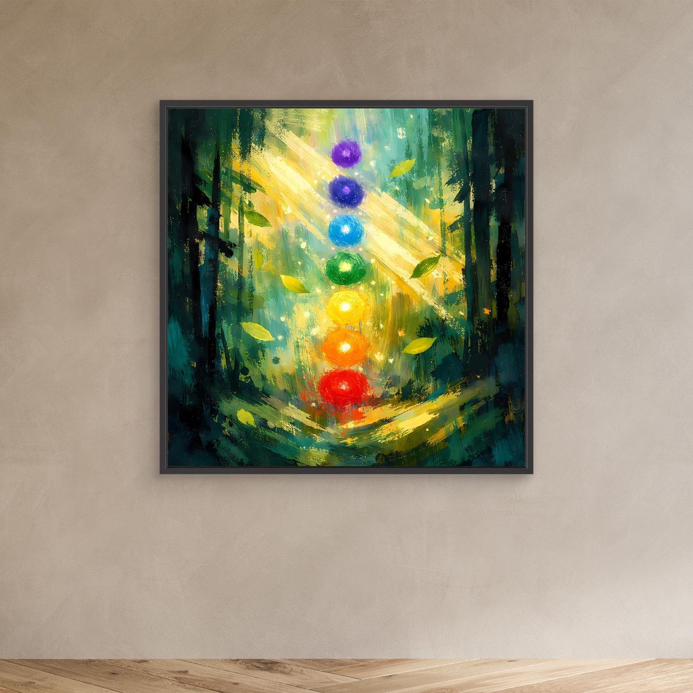 Leinwand-Wandbild mit Waldmotiv, leuchtenden sieben Chakren, schwarzer Rahmen.