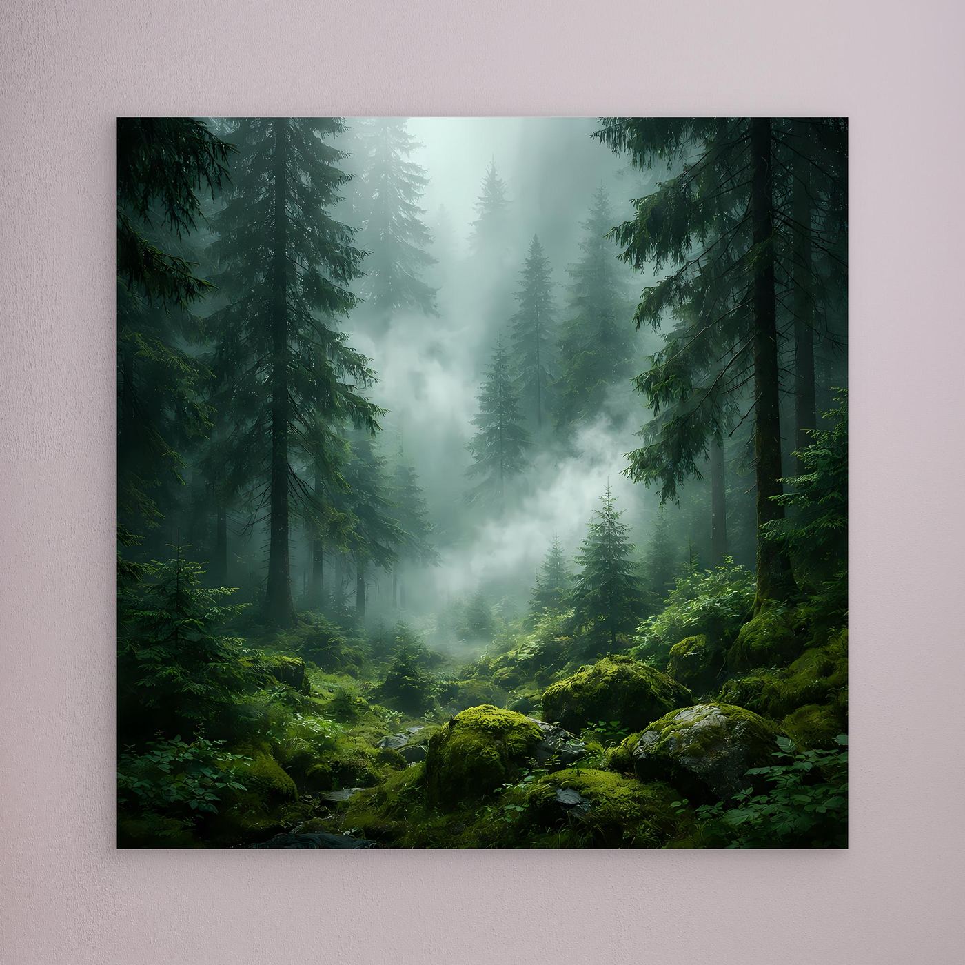Leinwandbild Grüner Nebelwald mit Tannen und Nebelschwaden