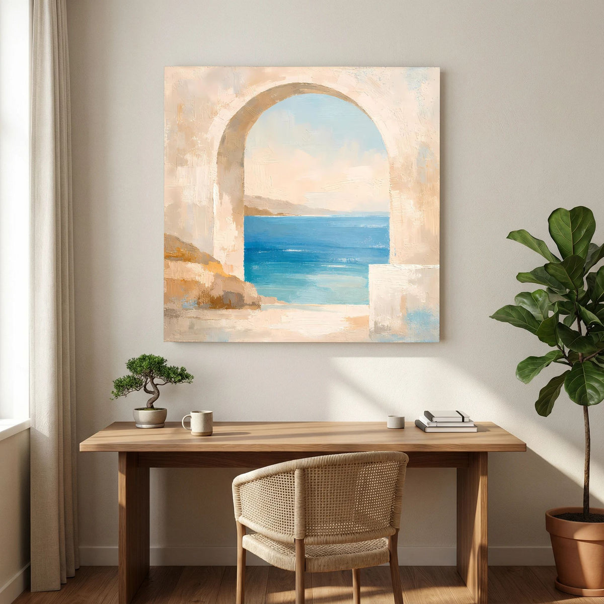 Quadratisches Leinwandbild: Torbogen über Meer mit hellen Sandflächen und Himmel in Pastell