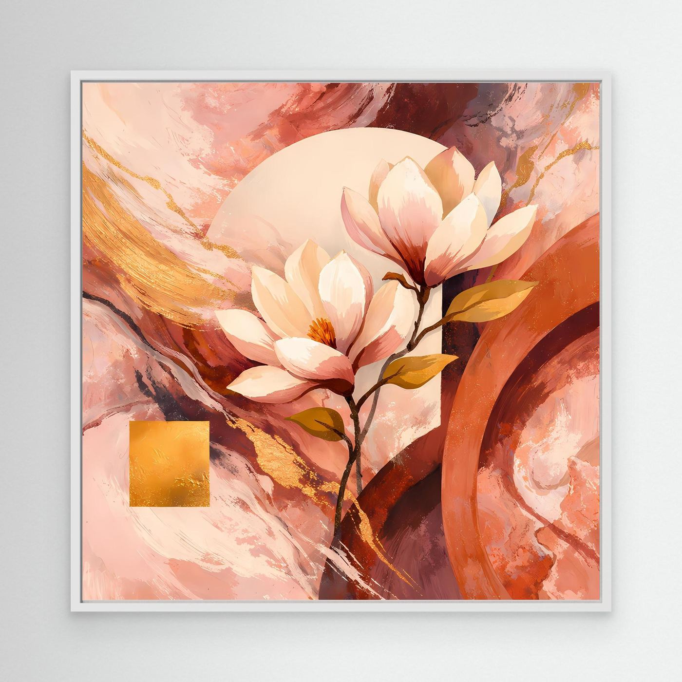 Florales Leinwandbild mit Magnolienblüten, weißer Rahmen, Beige-Rosa und Goldakzent
