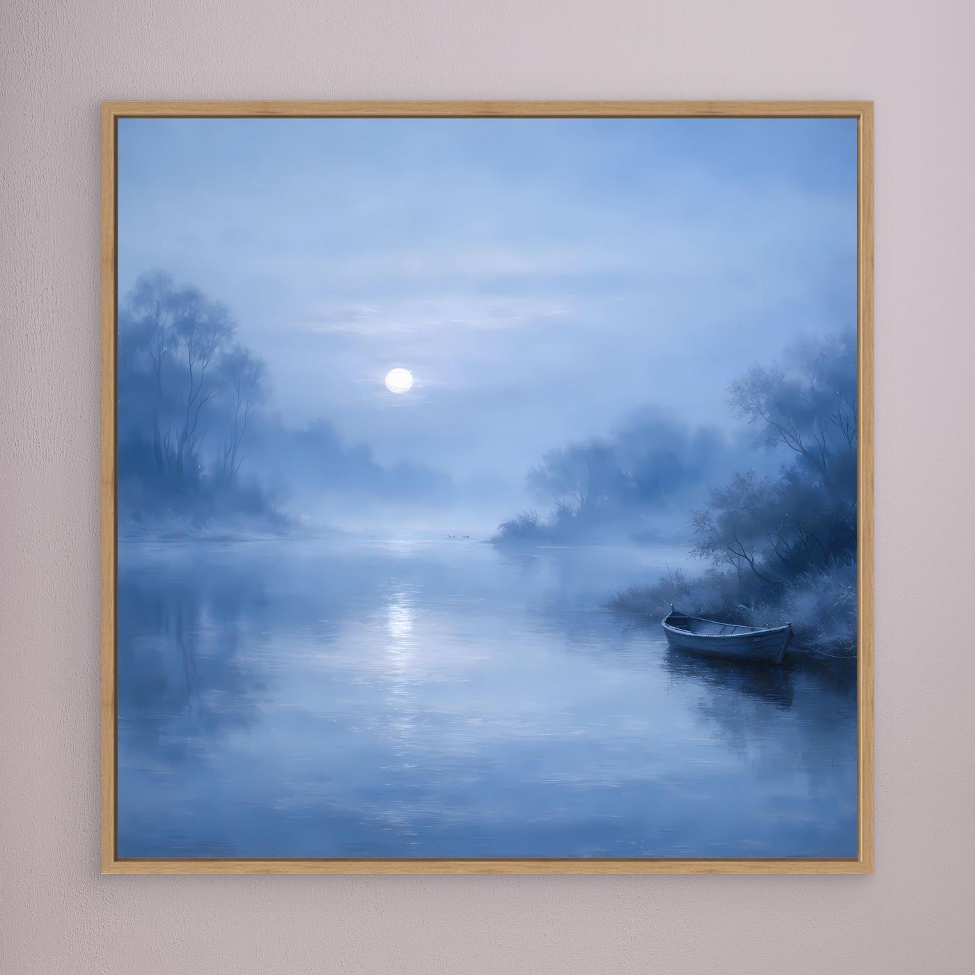 Blaues Leinwandbild mit Mond über ruhigem Fluss und Boot, goldener Eichenrahmen
