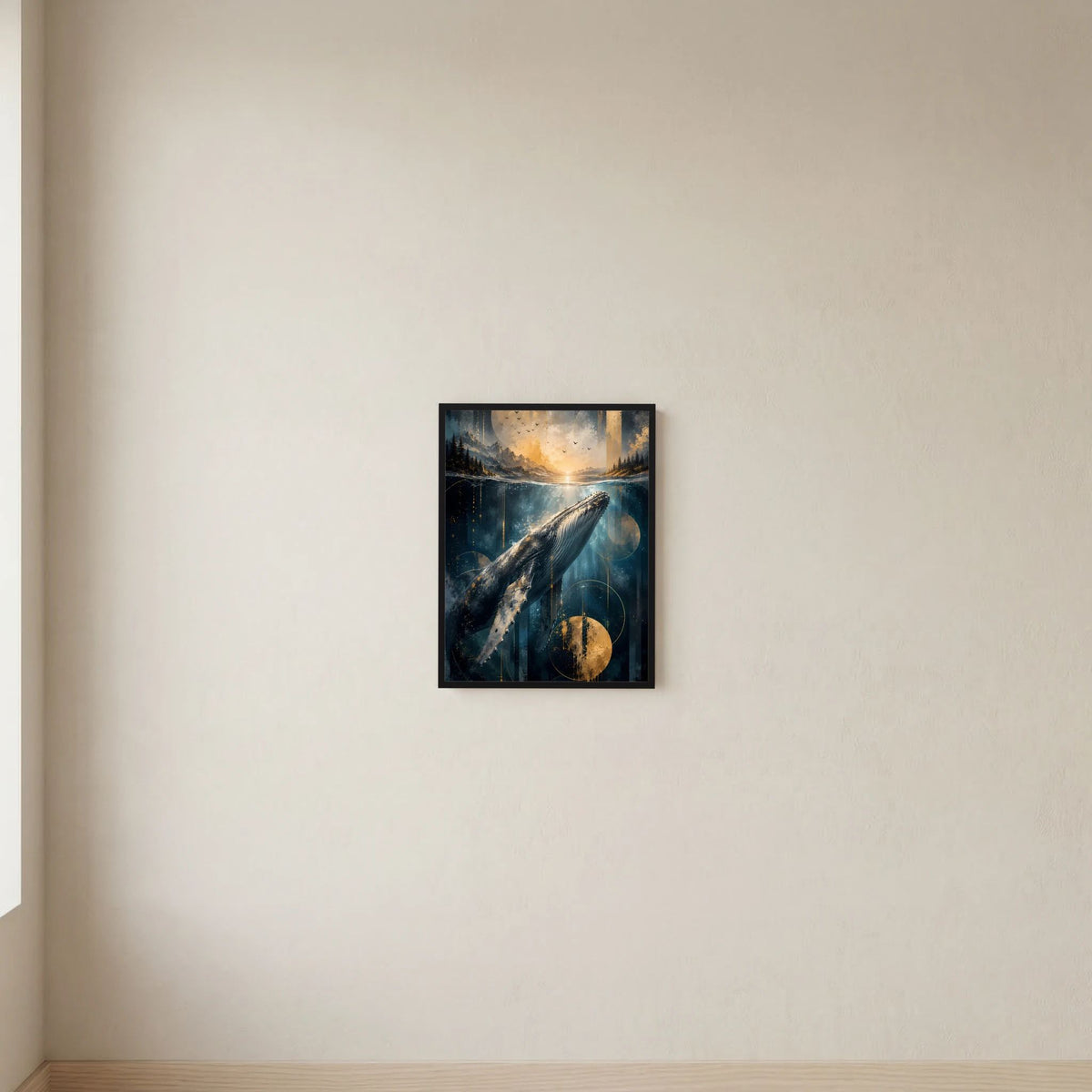 Hochformat-Poster mit schwarzem Rahmen: Walmotiv unter Wasser, Farben in Blau und Gold