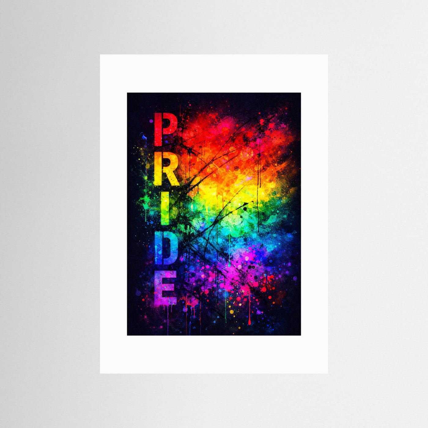 Pride-Poster im Graffiti-Stil mit vertikalem „PRIDE“ in Regenbogenfarben und weißem Passepartout