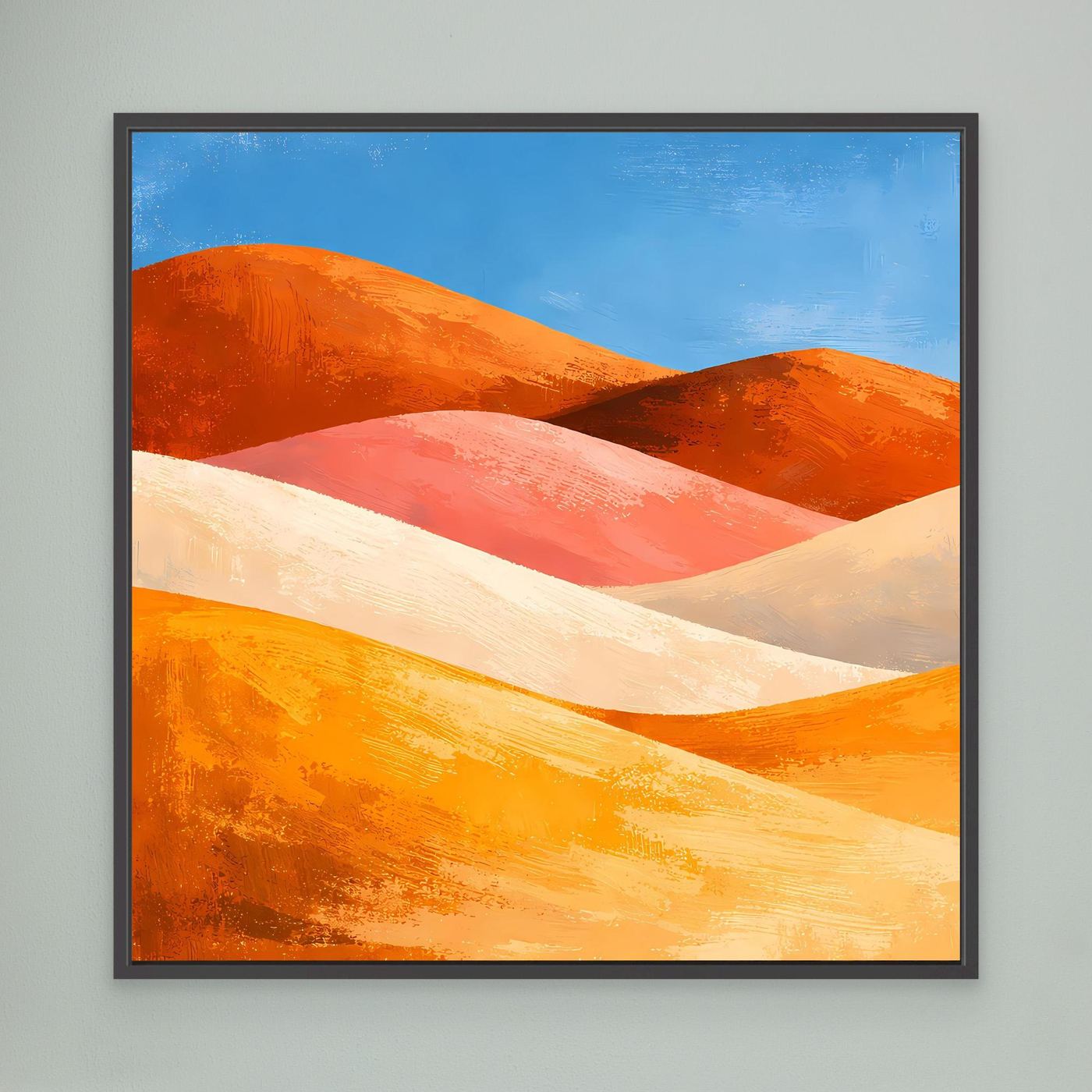 Abstraktes Wandbild auf Leinwand mit Dünen in Orange und Rosa, schwarz gerahmt