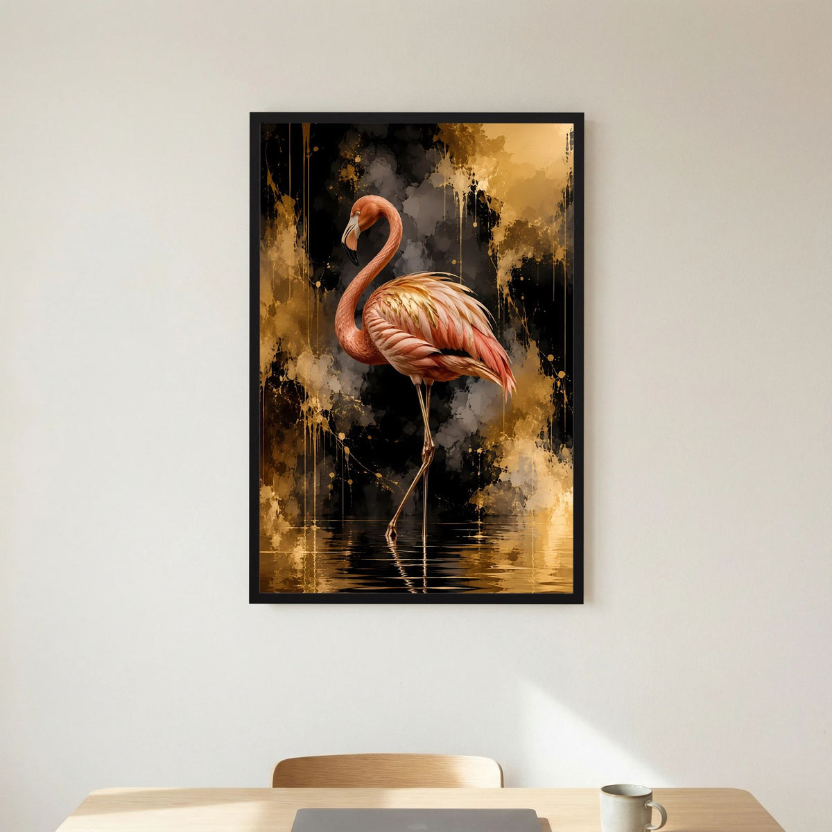 Flamingo-Poster mit schwarzem Rahmen, goldene Abstraktion und rosa-goldener Vogel