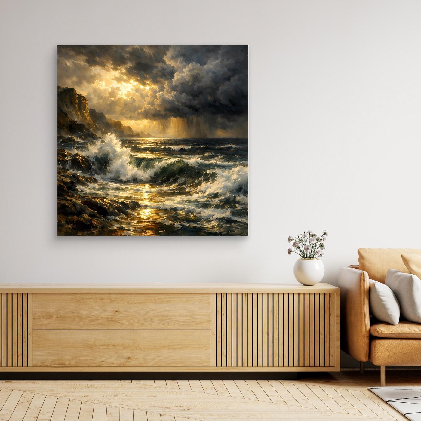 Leinwandbild mit schwarzem Rahmen: stürmisches Meer, goldene Reflexe auf Wasser und Gewitterwolken.