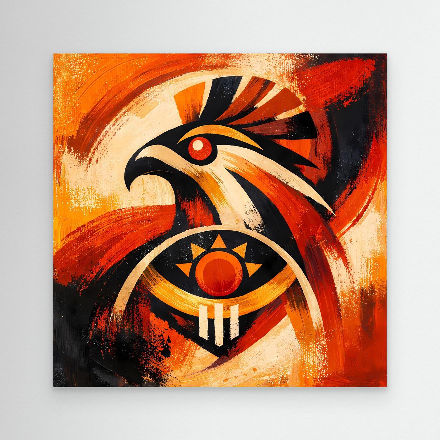 Wandbild mit stilisiertem Falken- und Sonnensymbol, orange-rot-schwarz, ohne Rahmen