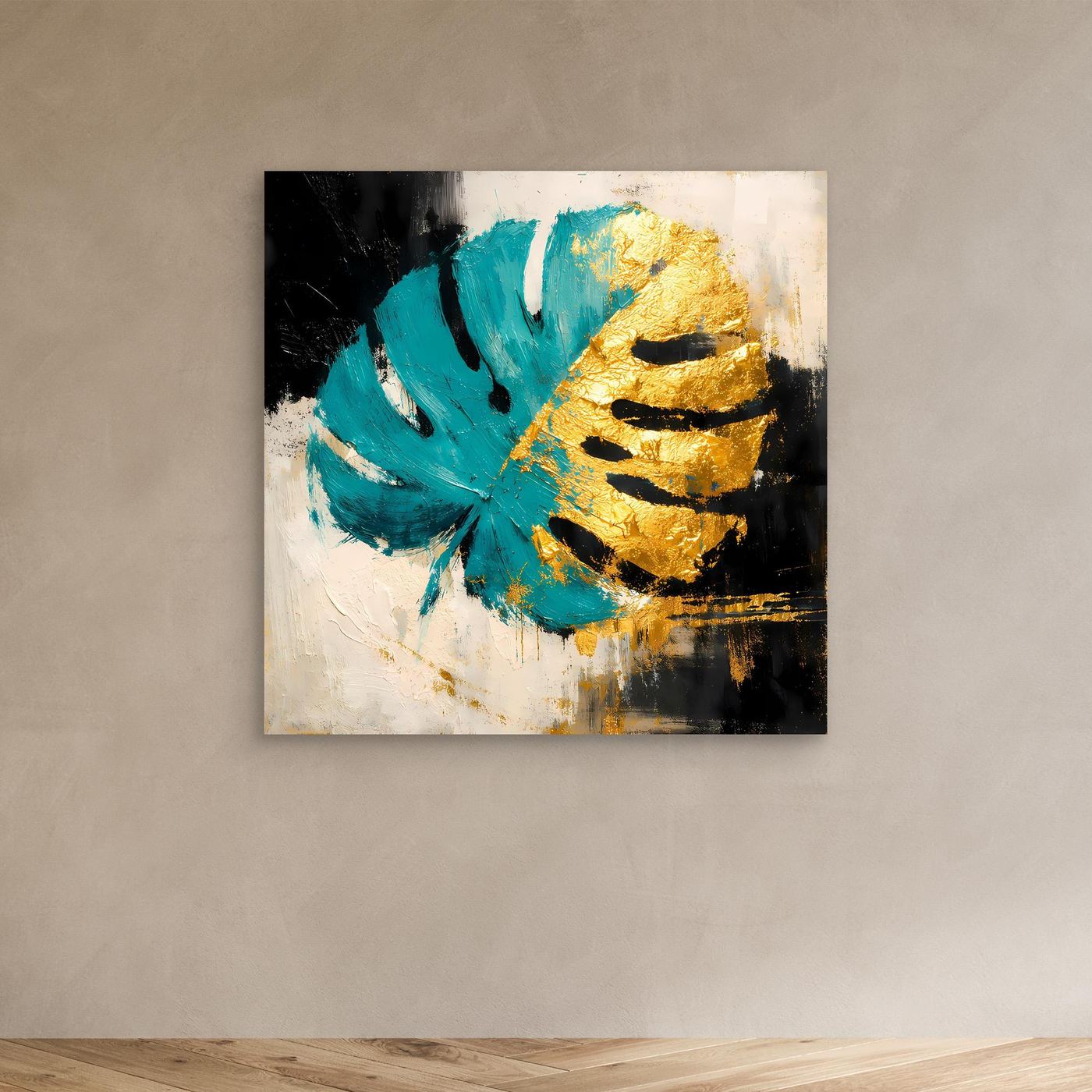 Leinwand Abstraktes Monstera Gemälde in Türkis und Gold | Modernes Botanik Wandbild