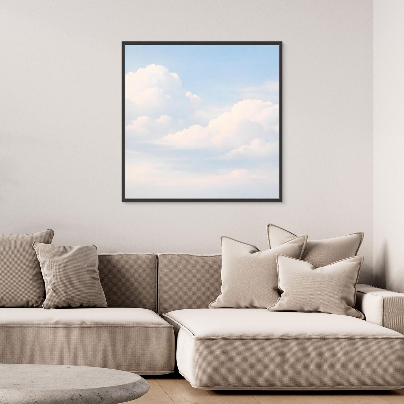 Leinwandbild mit pastellfarbenem Himmel und sanften Wolken, schwarzer Rahmen
