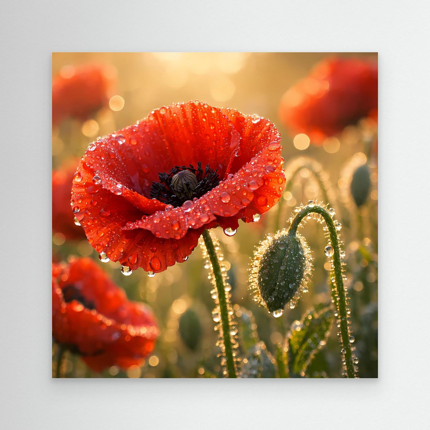 Leinwandbild mit rotem Klatschmohn und Wassertropfen, mit hellem Rand