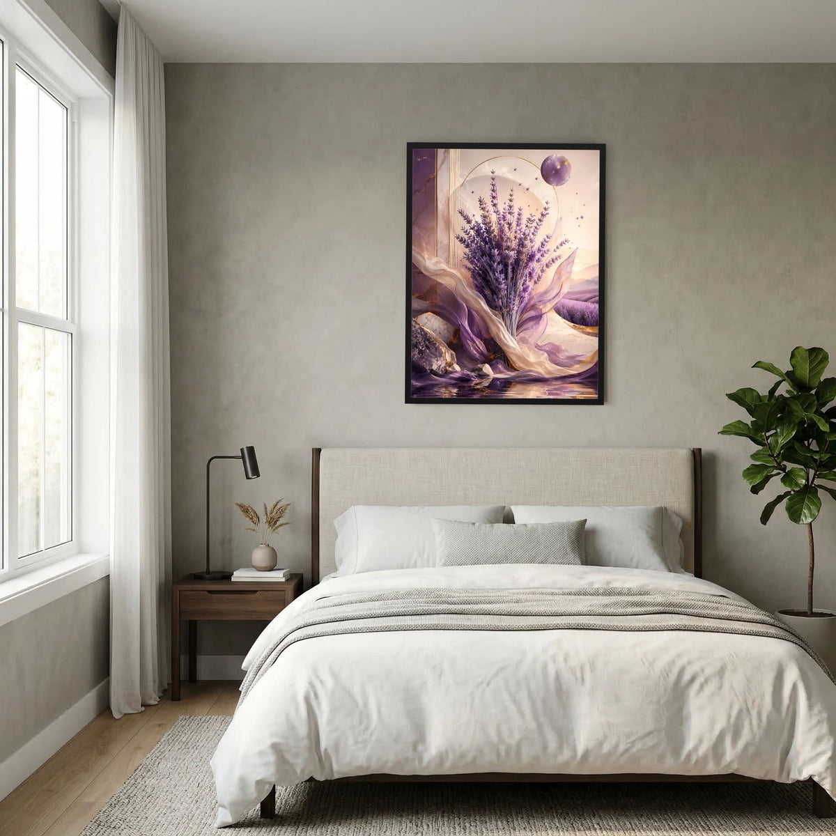 Lavendel-Poster im Hochformat mit lila Blüten und sanften Goldschattierungen, im Rahmen