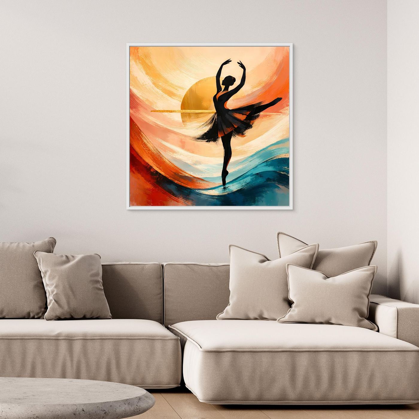 Wandbild mit schwarzer Ballerina-Silhouette über abstraktem Sonnenhintergrund in warmen Farben